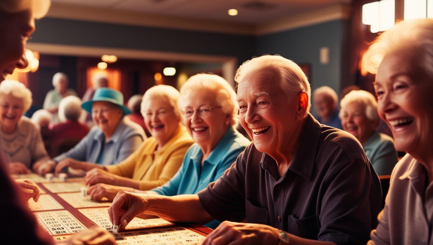 A group of seniors enjoying a lively bingo game with cards and chips